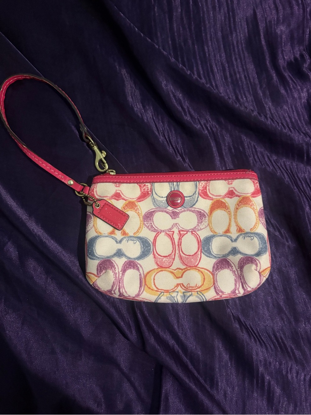 Coach Hampton Multicolor Scribble SignatureC Wristlet Gold Hardware & Pink Strap
